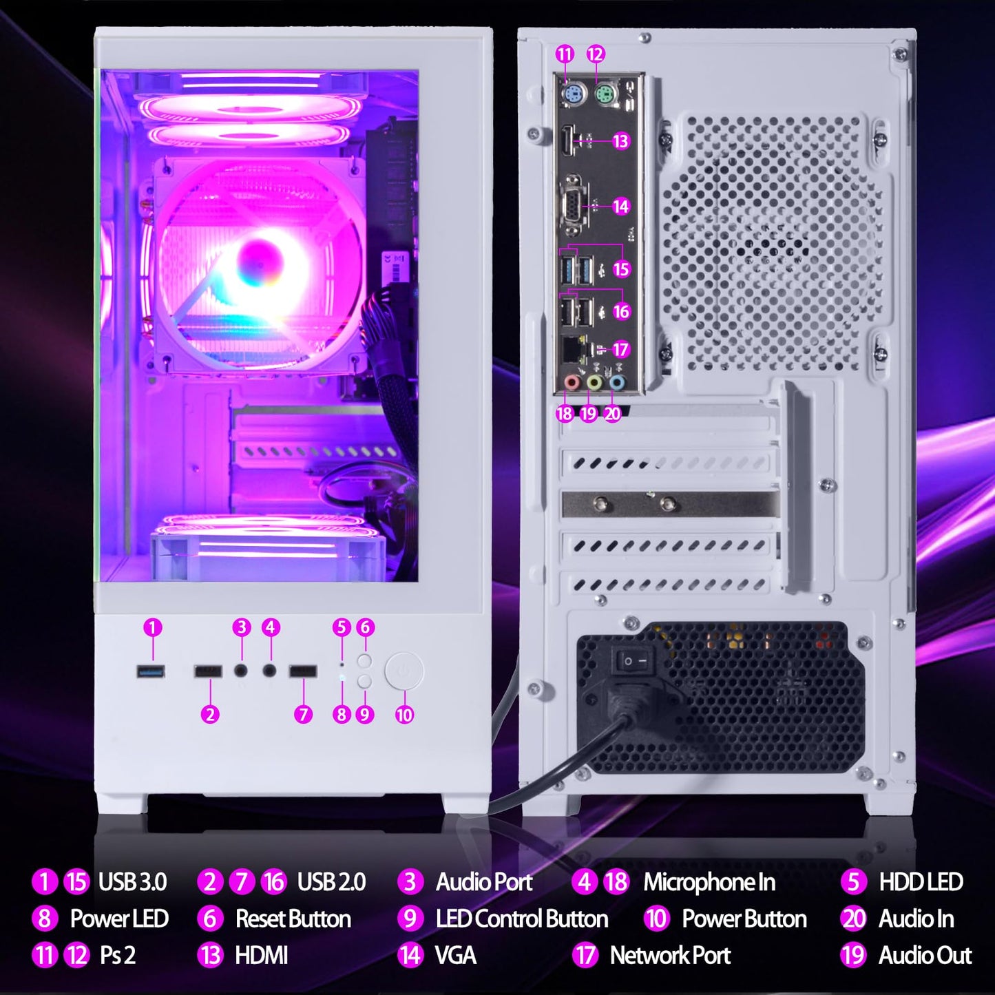 LXZ Desktop PC Computer AMD Ryzen 7-5700G 8 core 3.9GHz, 16G DDR4 RAM, 512GB NVME SSD, Tower Computer with Power Supply 400W for Home and Office (White)