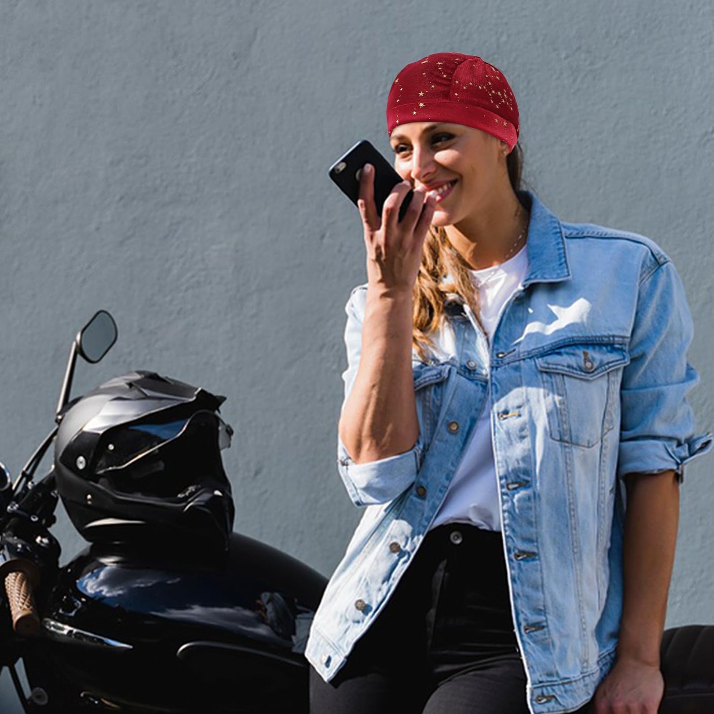 DOCILA Do Rags Skull Cap for Women Bronzing Golden Star Velvet Motorcycle Head Wrap Warm Fall Winter Biker Head Bandana Cycling Beanie Black Red Blue 3 Pcs