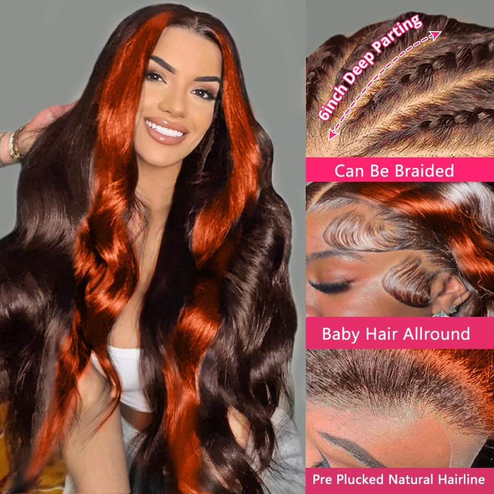 Daphernew 200% Density 13X6 Ginger Lace Front Wigs Human Hair Pre Plucked for Women Ombre 13X6 HD Transparent Ginger Orange wig Glueless Hightlight Lace Front Wigs Human Hair with Baby Hair 34Inch