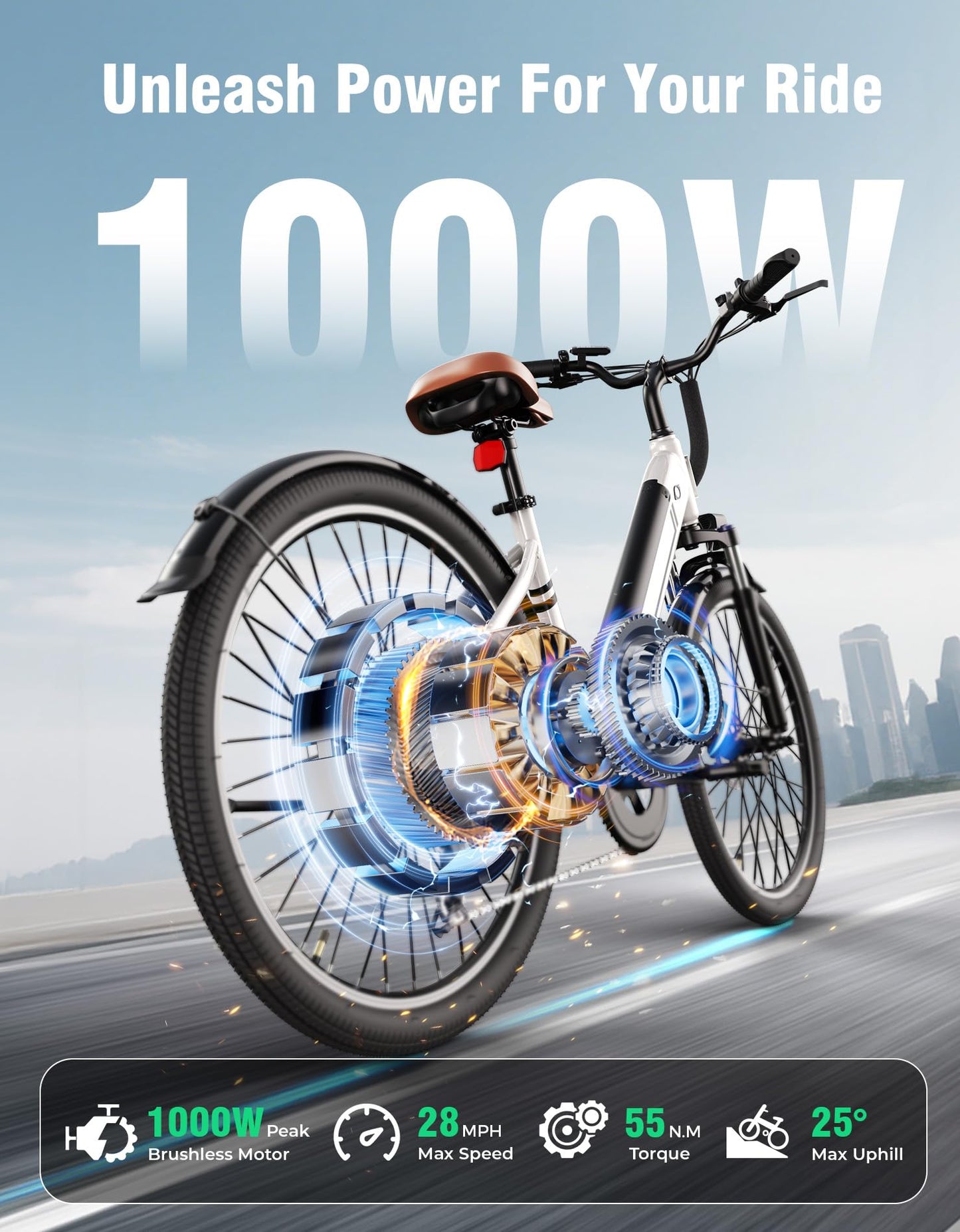 YOLOWAY Electric Bike for Adults, 26" Up to 1000W Peak Motor E-Bike, 25 Mph 40+ Mile Range Brushless City E-Bike, with 360Wh Removable Battery, 7 Speeds & Front Suspension for Commuting, Outdoor