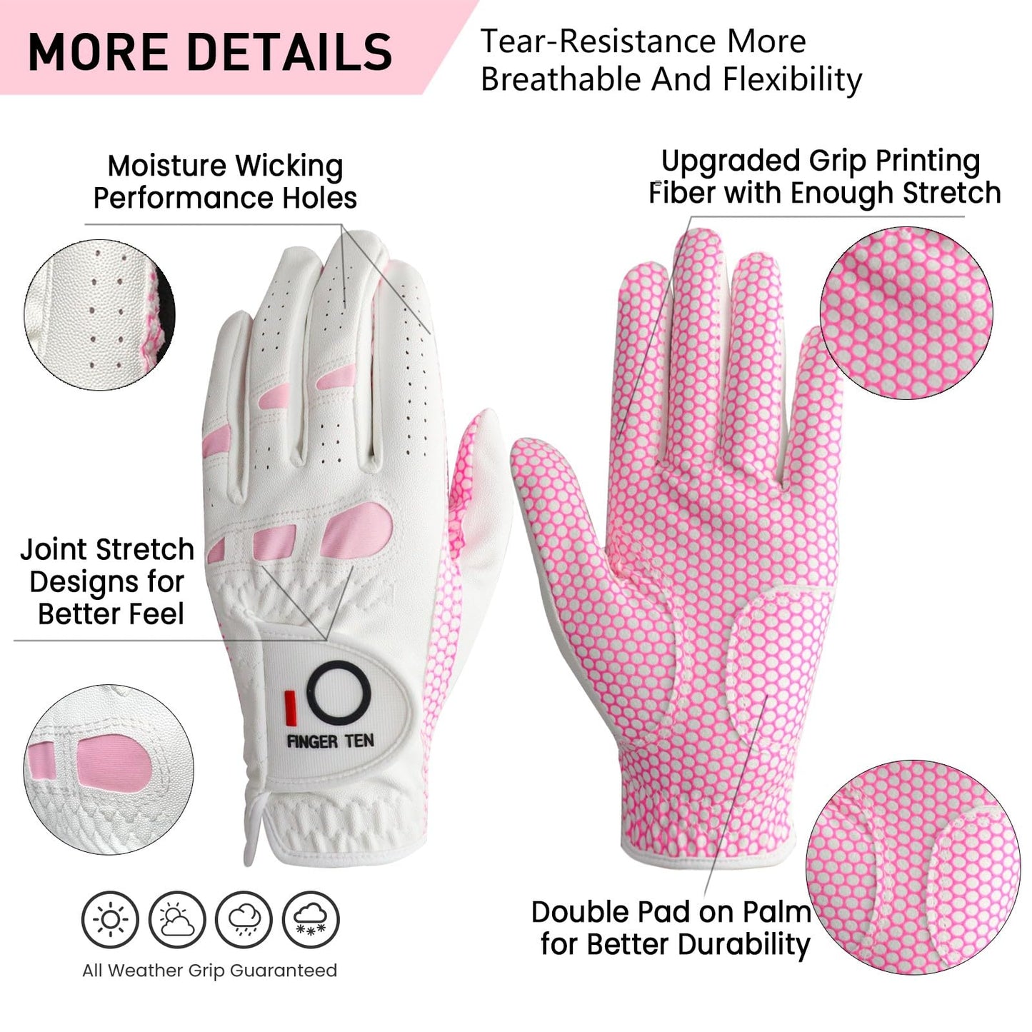 Amy Sport Womens Golf Glove Pair Both Hands Golf Gloves Women Right Handed Golfer Left Hand Ladies Rain Grip All Weather Pink Size Small Medium Large XL (Small, 1 Pair)