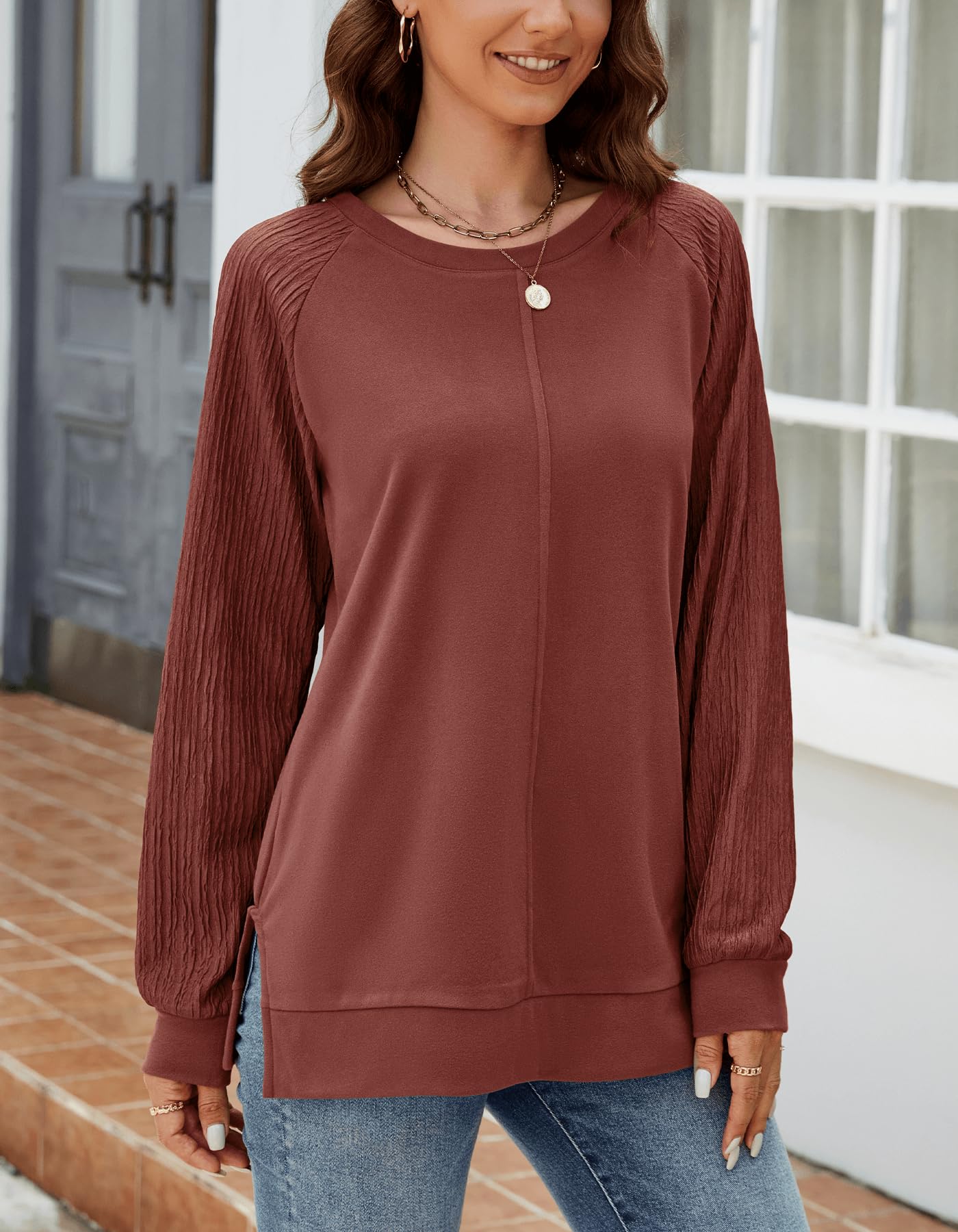 Aifer Womens Fall Fashion 2024 Long Sleeve Tops Trendy Crewneck Sweatshirt Winter Clothes Caramel