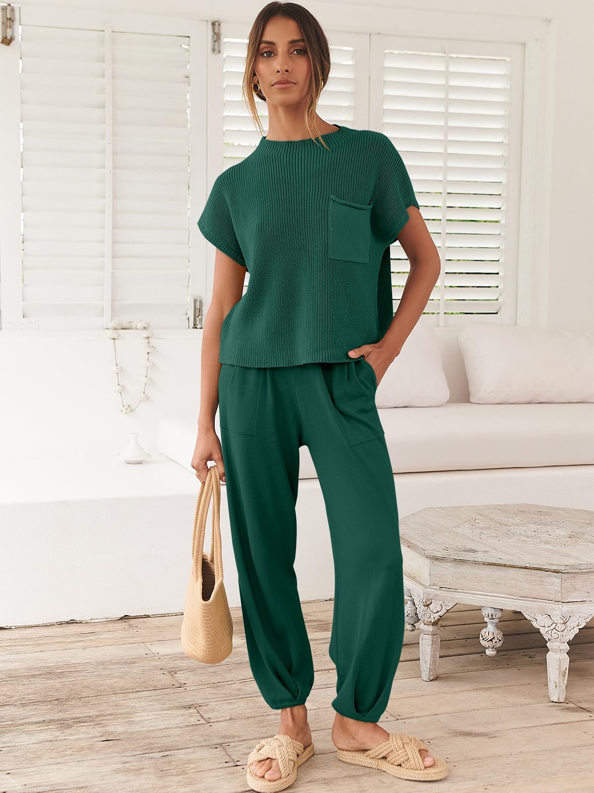 ANRABESS Women's Two Piece Outfits Knit Sweater Pullover Crop Top & Pants Lounge Matching Tracksuit Sweatsuit Sets 2024 Trendy Loungewear Clothes Dark Green X-Small