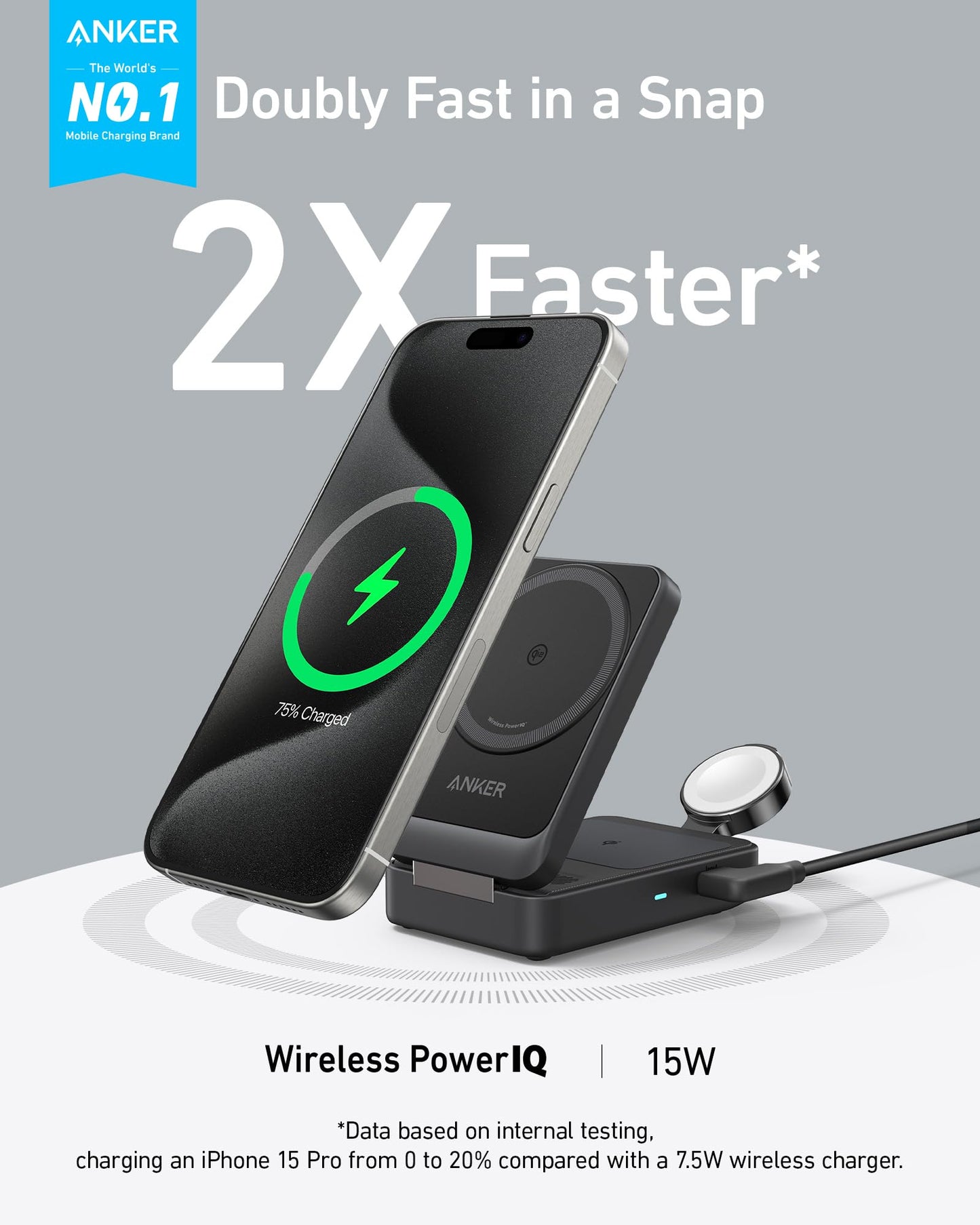 Anker MagGo 3 in 1 iPhone 16 Charging Station, MagSafe-Compatible Wireless Charger Stand, Qi2 Certified 15W Foldable Charger for iPhone 15, AirPods, Apple Watch 9 (Not a Power Bank, Adapter Included)
