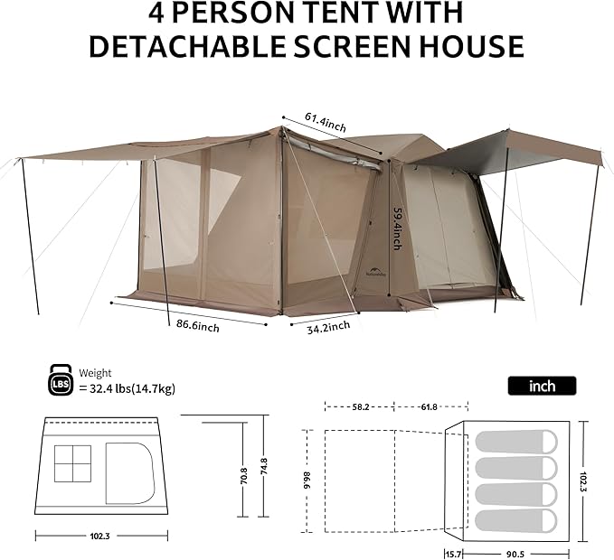 Naturehike Village Camping Tent,4/6/8 Person Tents for Camping, 60S Easy Setup Instant Tent for Family Camping, Car Camping