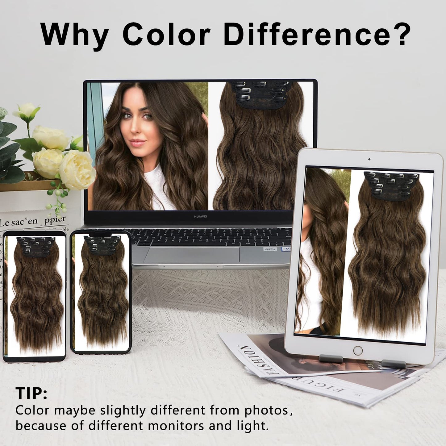ALXNAN Clip in Hair Extension,Long Wavy Hair Extensions 20 Inch Chestnut Brown 4PCS Thick Hairpieces for Women