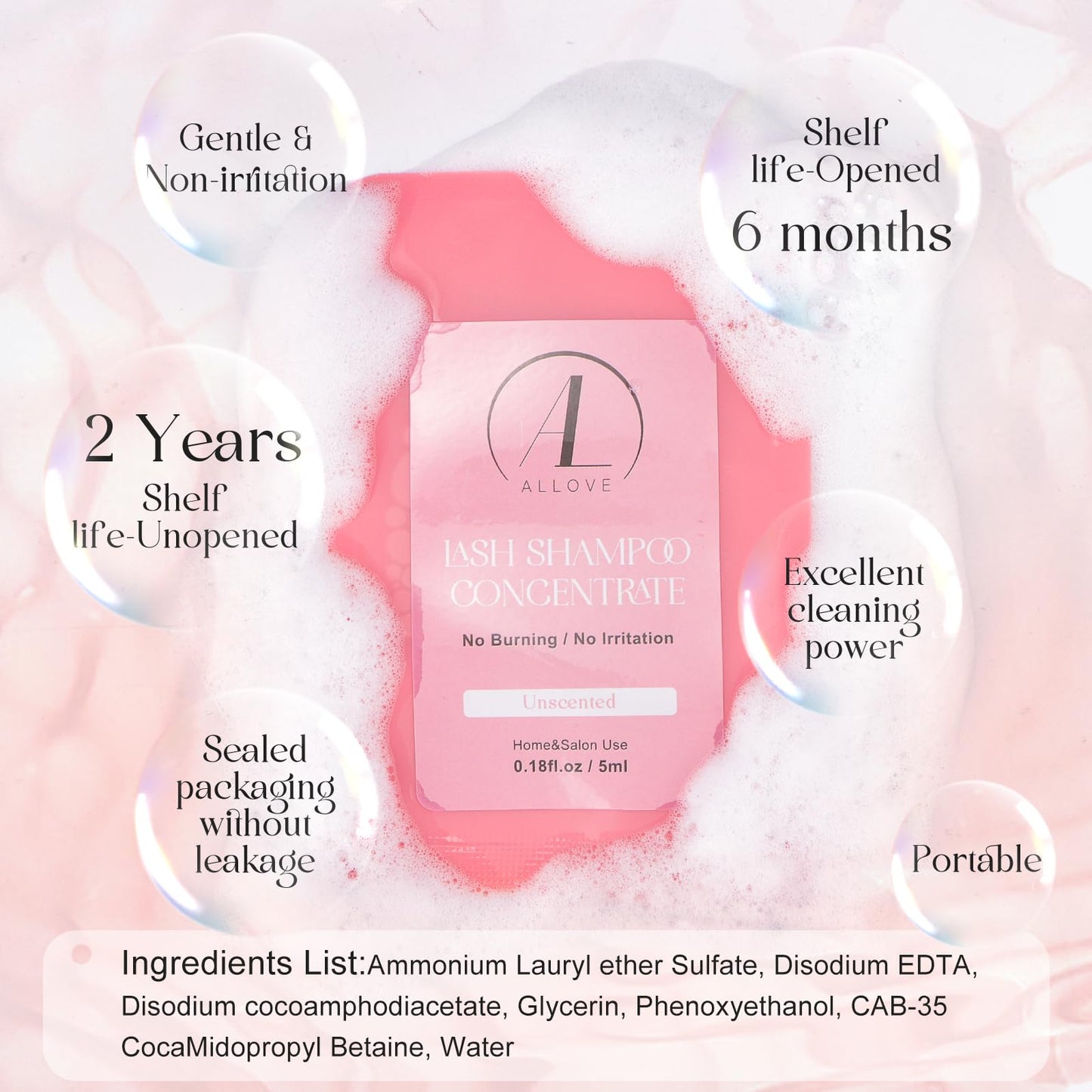 ALLOVE Lash Shampoo Concentrate for Sensitive Lash Extensions - Non-irritating Cleanser for Salon & Home Use, 5ml*5 Pack - Unscented