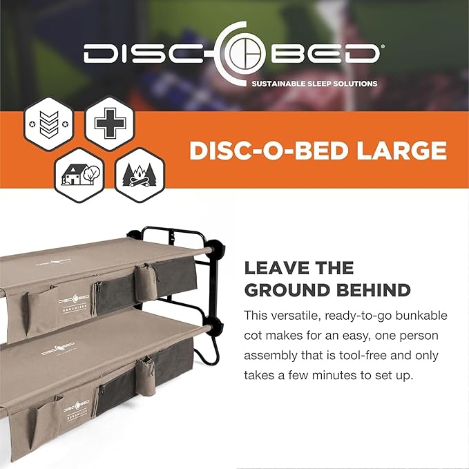 Disc-O-Bed Portable Cam-O-Bunk Bed, Large 2 Adult Sleeping Cot for Camping, Tan