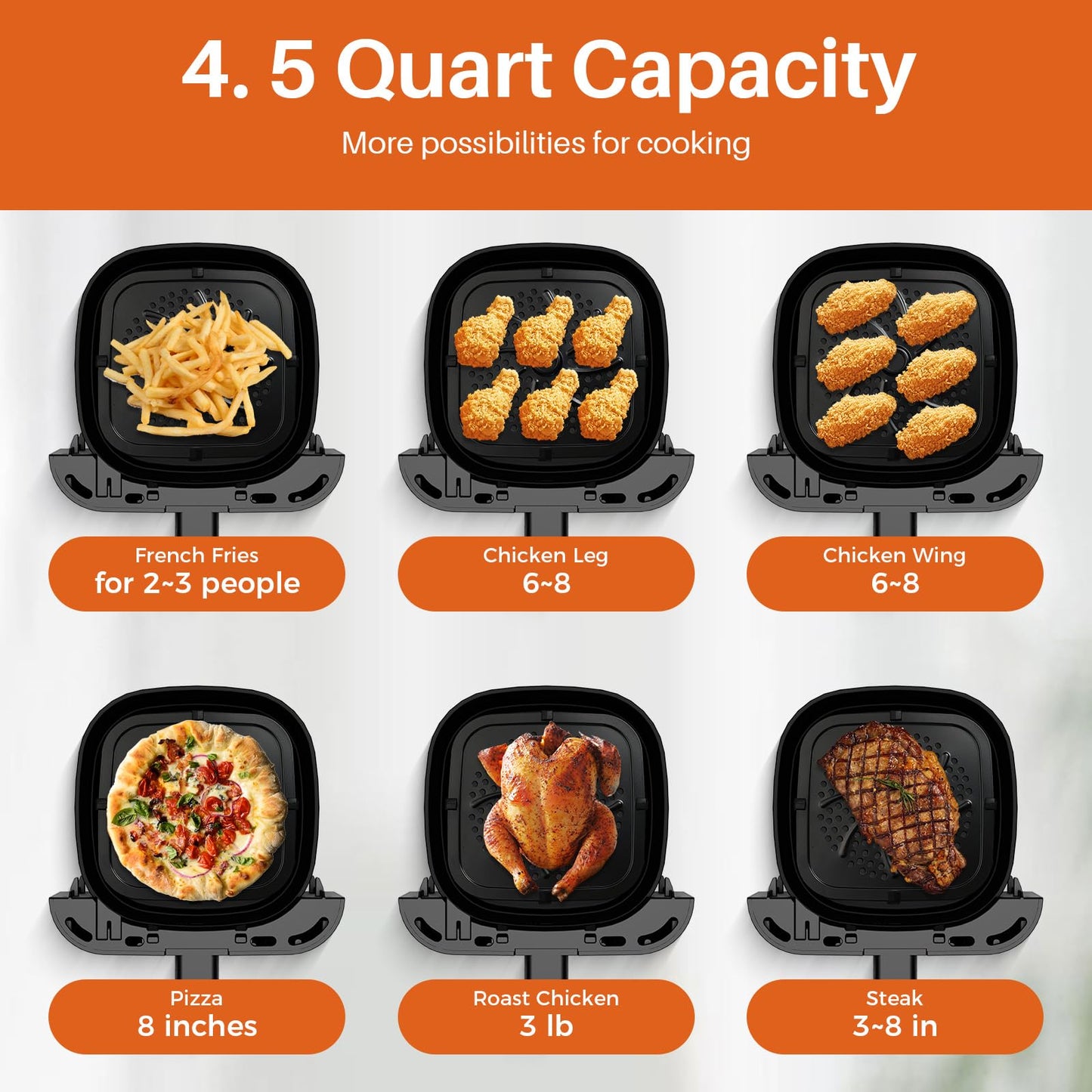 Air Fryer Oven 4.5QT, Space Saving, 1 Touch Digital Display, Compact, Non-stick And Dishwasher Safe Basket, Black & Stainless Steel,Update