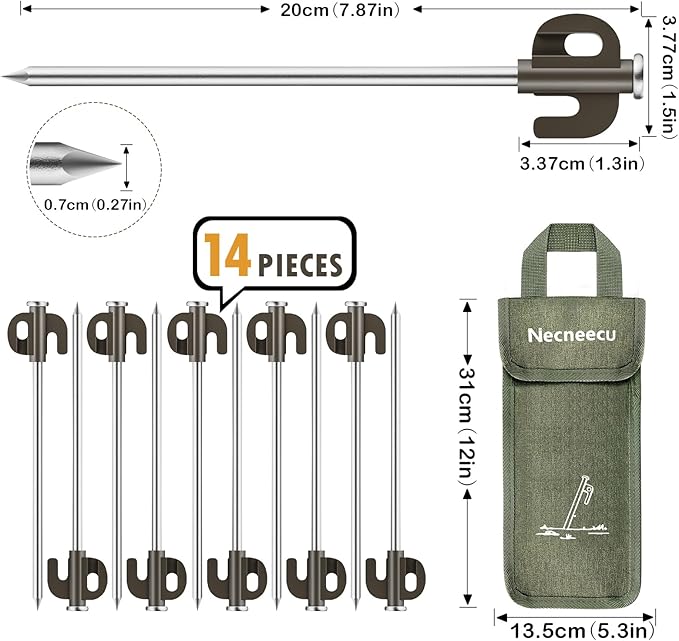 14 Pack Heavy Duty Outdoor Camping Tent Pegs, Aluminum Tent Pegs, Rust and Corrosion Resistant, Suitable for Garden, Camping, Outdoor Hiking, Fishing and Camping Tents.