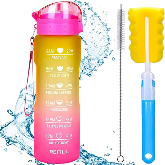 XACIOA Water Bottle with Straw,32oz Plastic Cup with Motivational Time Marker,1L Tritan Sport Lightweight Leakproof BPA-Free,Wide Mouth Fast Flow Ensure You Have Times to Drink,with Straw & Cup Brush