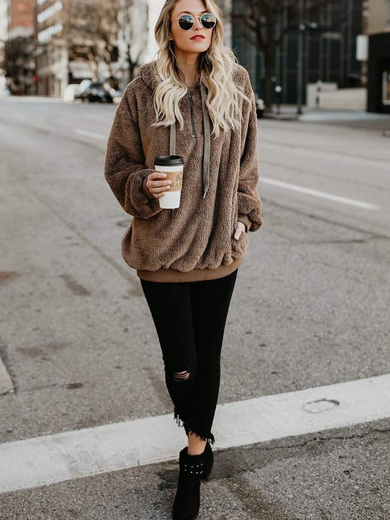 American Trends Oversized Sweatshirts for Women Athletic Womens Sherpa Hoodie Fluffy Women's Hoodies Pullover with Pockets Burgundy Large