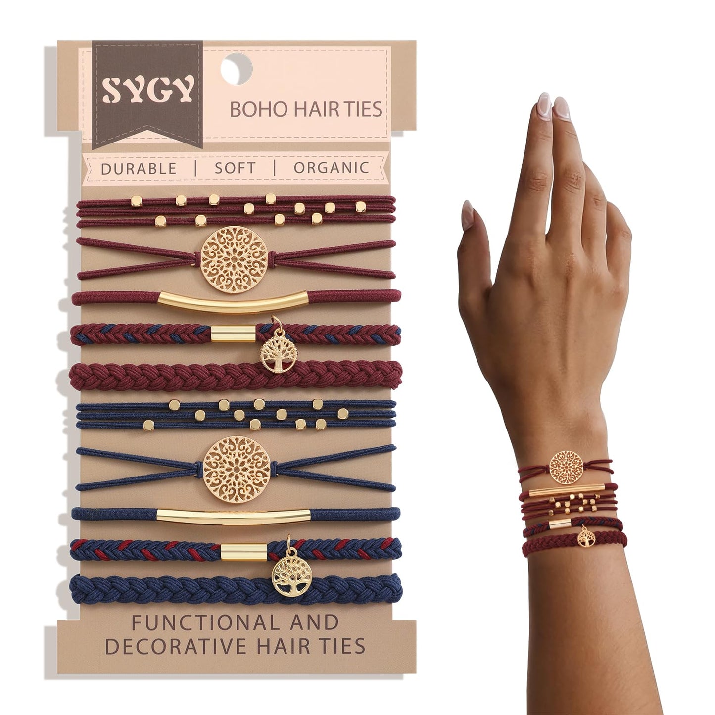 10 PCS Hair Ties Bracelets, Boho Hair Ties for Thick & Thin Hair, Cute Stretch Bracelets, Braided Hair Ties for Ponytail Holders, 5 Styles Hair Ties No-Damage, Blue