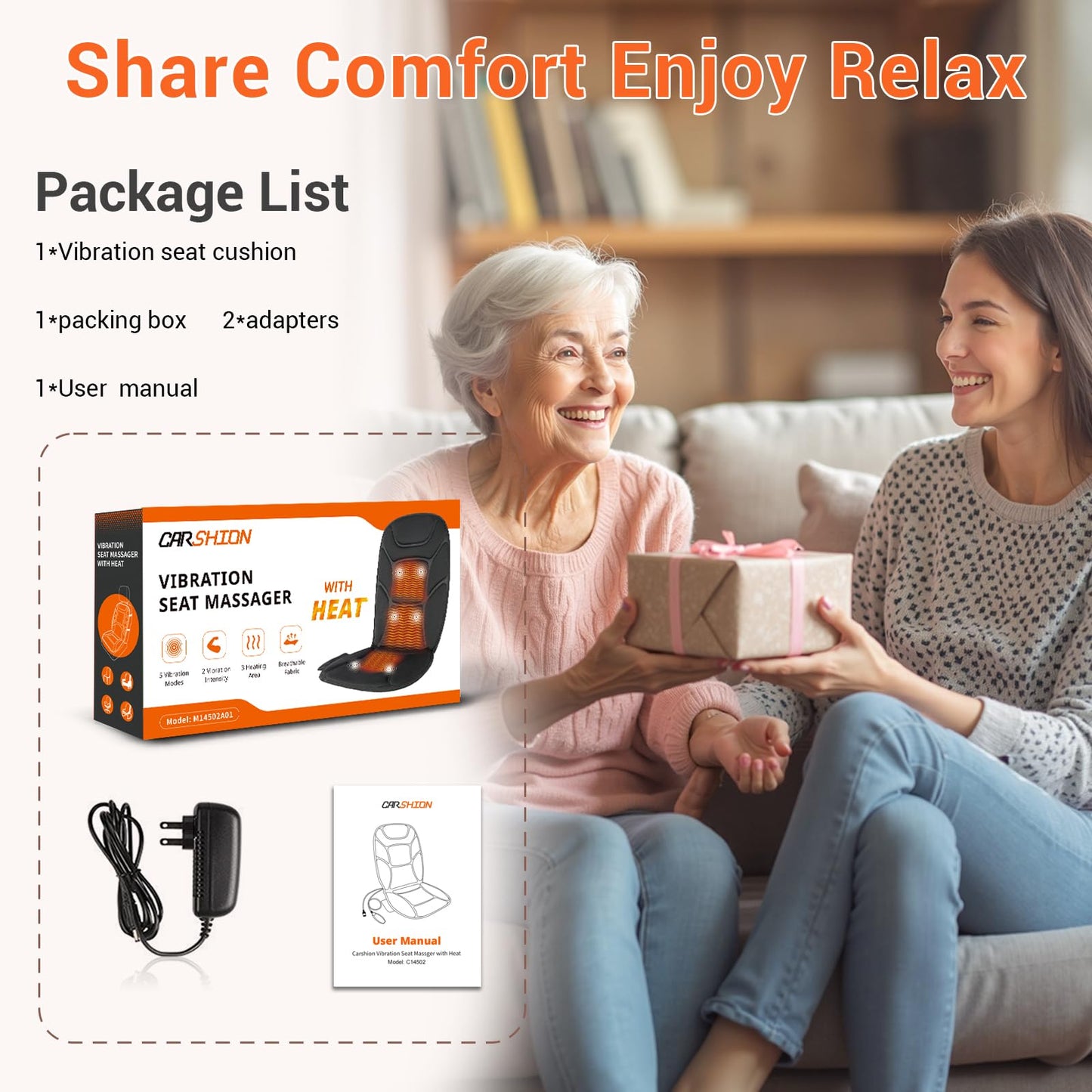 CARSHION Massage Seat Cushion with Full Back Thighs Heat Back Massager with 3 Heating Pads 6 Vibrating Motors, Massage Chair Pad Seat Warmer for Home Office, Heated Seat Cover Gift for Father Mother
