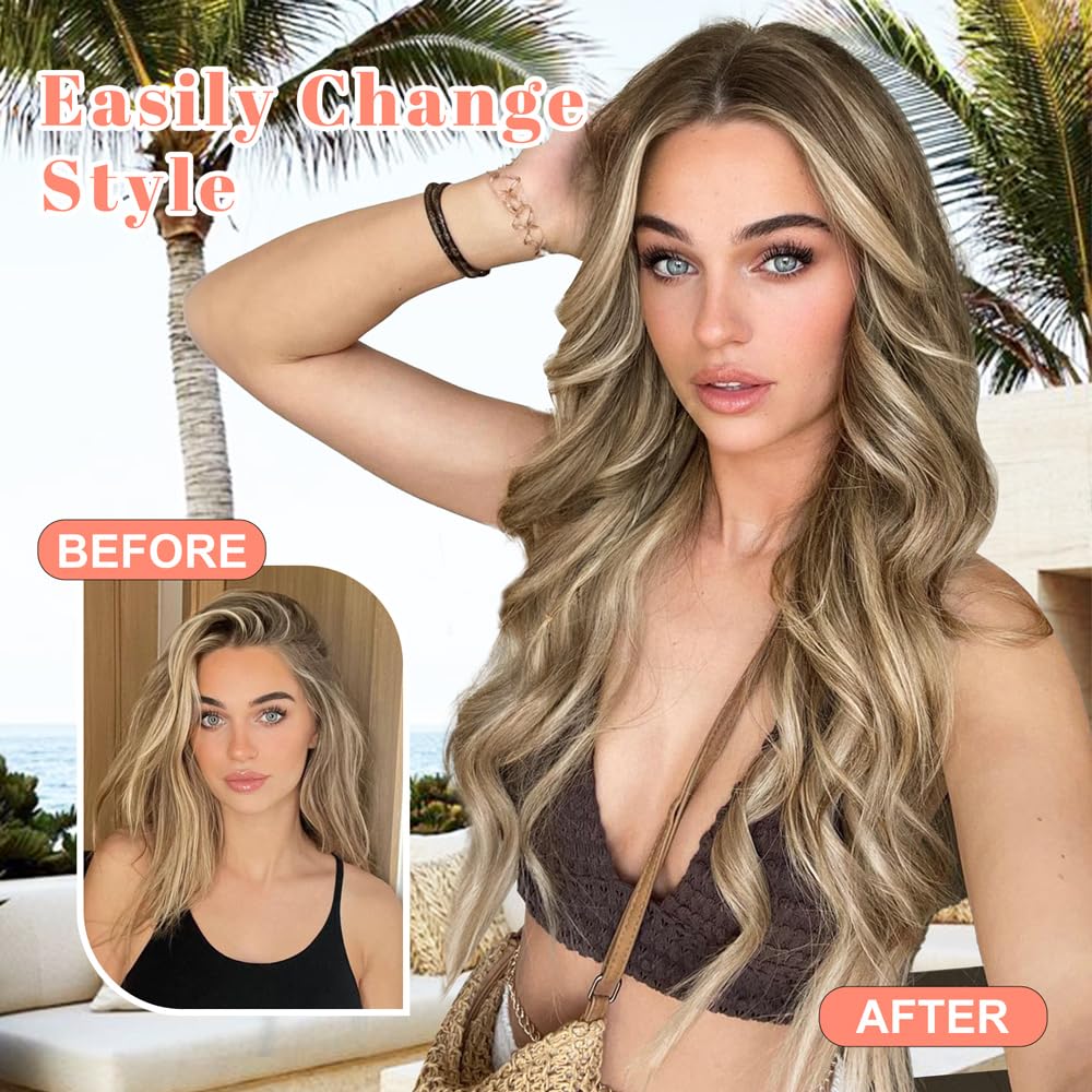 ALXNAN Clip in Hair Extensions for Women,Medium Brown Ash Blonde Long Wavy Hair Extensions Clip Ins 4PCS 20 Inch Synthetic Soft and Natural Thick Hair Pieces for Women