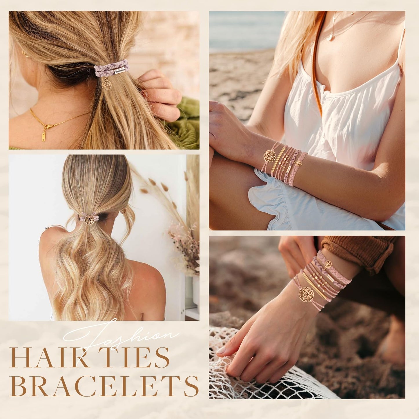 10 PCS Hair Ties Bracelets, Boho Hair Ties for Thick & Thin Hair, Cute Stretch Bracelets, Braided Hair Ties for Ponytail Holders, 5 Styles Hair Ties No-Damage, Pink