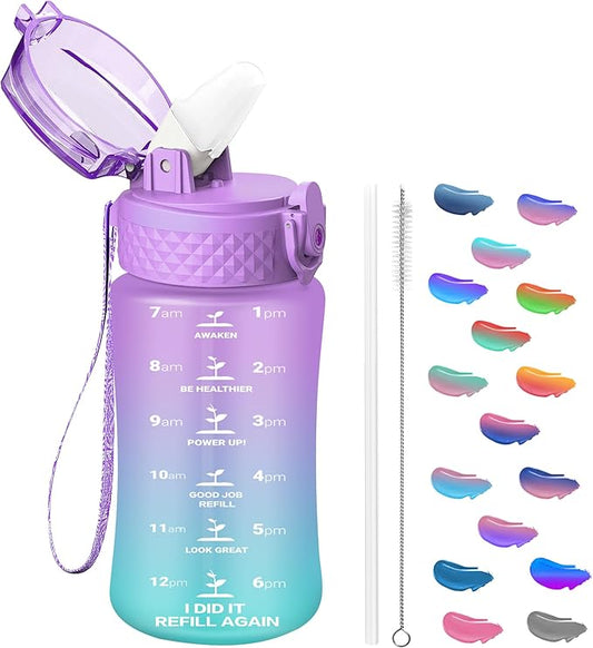 OLDLEY Kids Water Bottle for School, 12 oz (Straw Lid) BPA-Free Reusable Leak-proof Durable Tritan Plastic Water Bottles with One-handed Opening Straw Lids, Anti-dust Spout Cover (Macaroon)