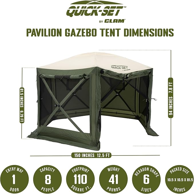 CLAM Pop Up Screen Tent, Outdoor Camping Gazebo Canopy, Pavilion, 12.5', Green/Tan