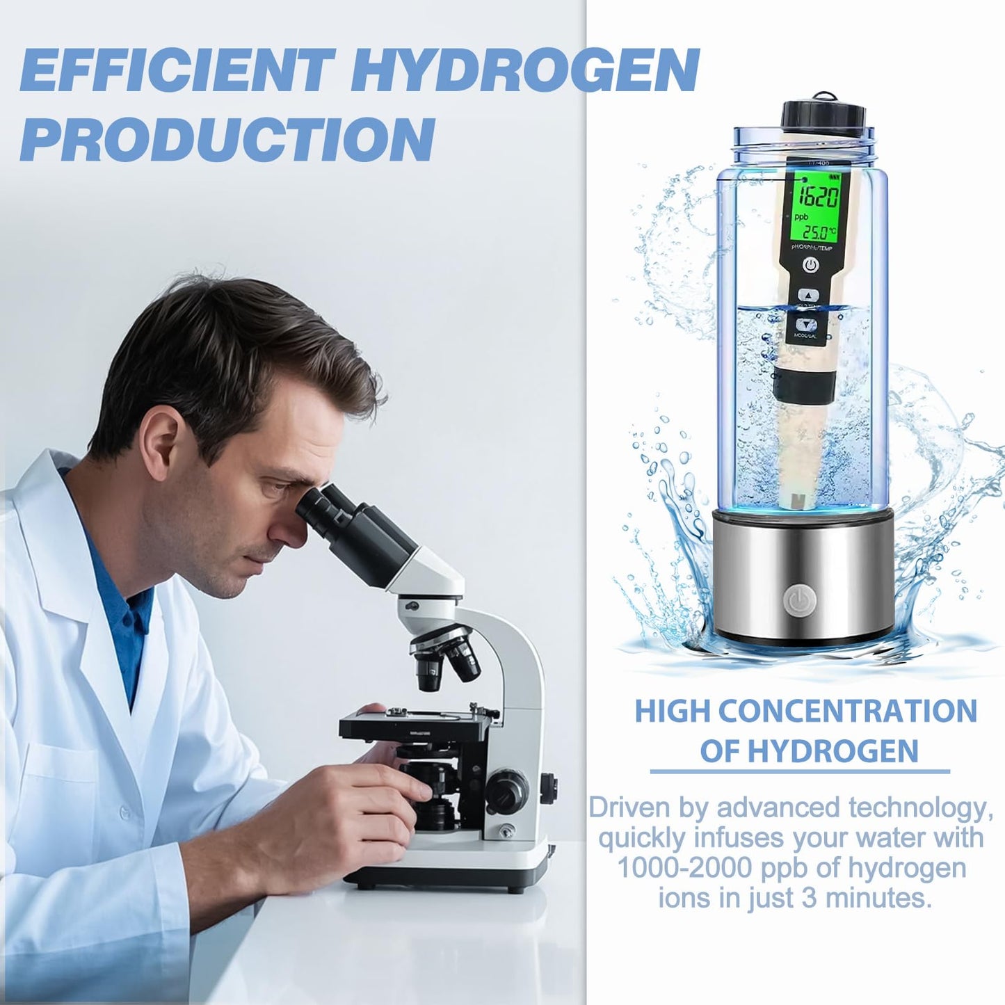 YTYOMUR 2025 New Hydrogen Water Bottle, Rechargeable Hydrogen-Rich Water Generator Machine with SPE PEM Technology,for Home Office Travel Fitness Drinking, Portable, Glass, Stainless Steel, 450ml