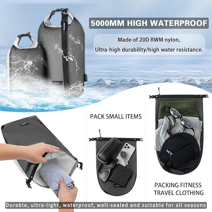 Waterproof dry sack Lightweight Dry Bag Soft and comfortable stuff sacks for backpacking Rafting Boating Camping (Green, 4L 8L)