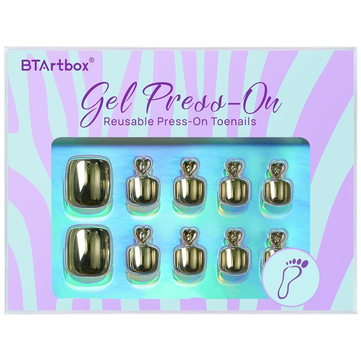 BTArtbox Press on Toenails Short, Metallic Gold Mirror Toenails Press On Square, Fit Perfectly Glazed Press on Toe Nails with Glue, Fake Toenails in 16 Sizes- 32 Toenails Kit, Grandeur