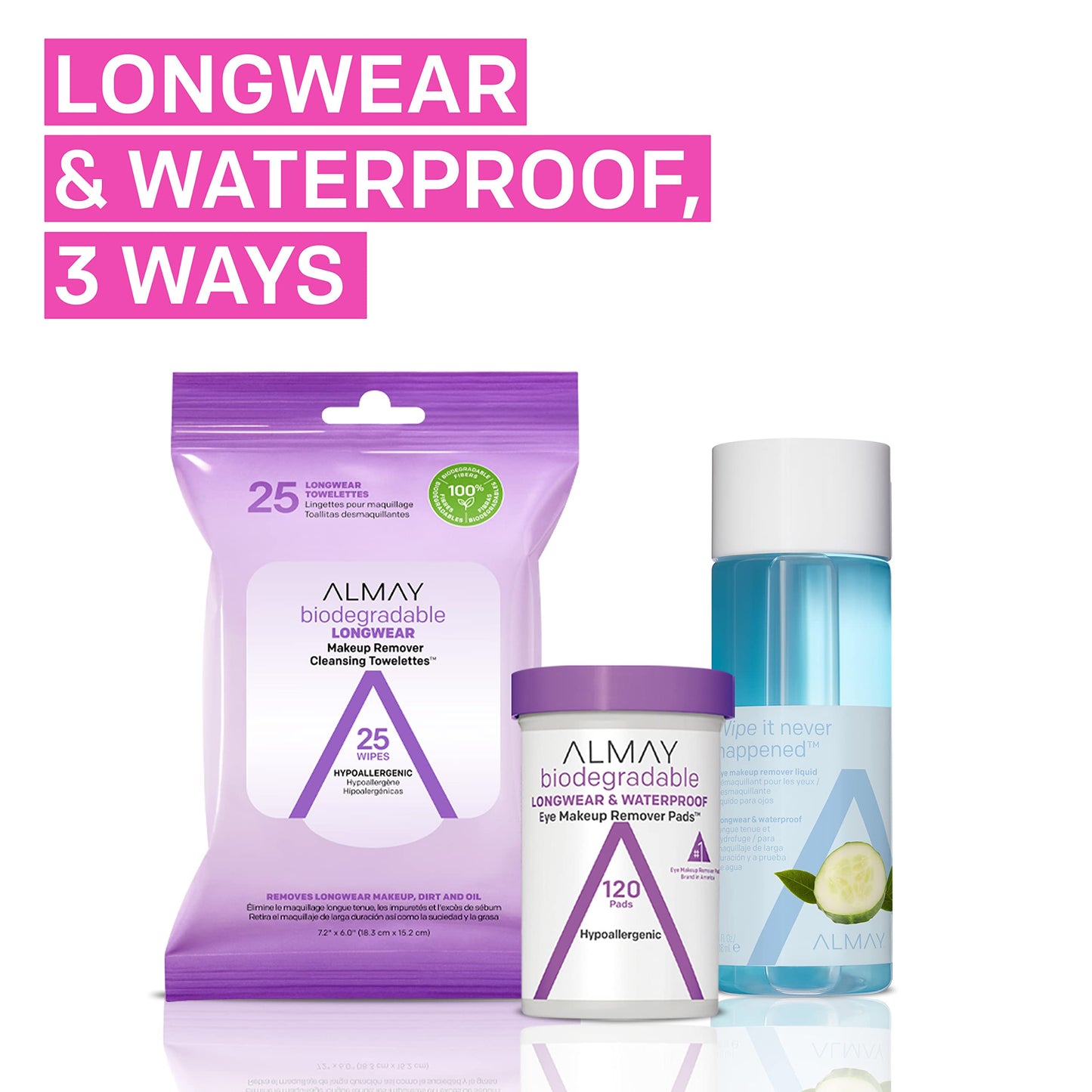 Almay Biodegradable Makeup Remover Pads, Longwear & Waterproof, Hypoallergenic, Fragrance-Free, Dermatologist & Ophthalmologist Tested, 80 Count