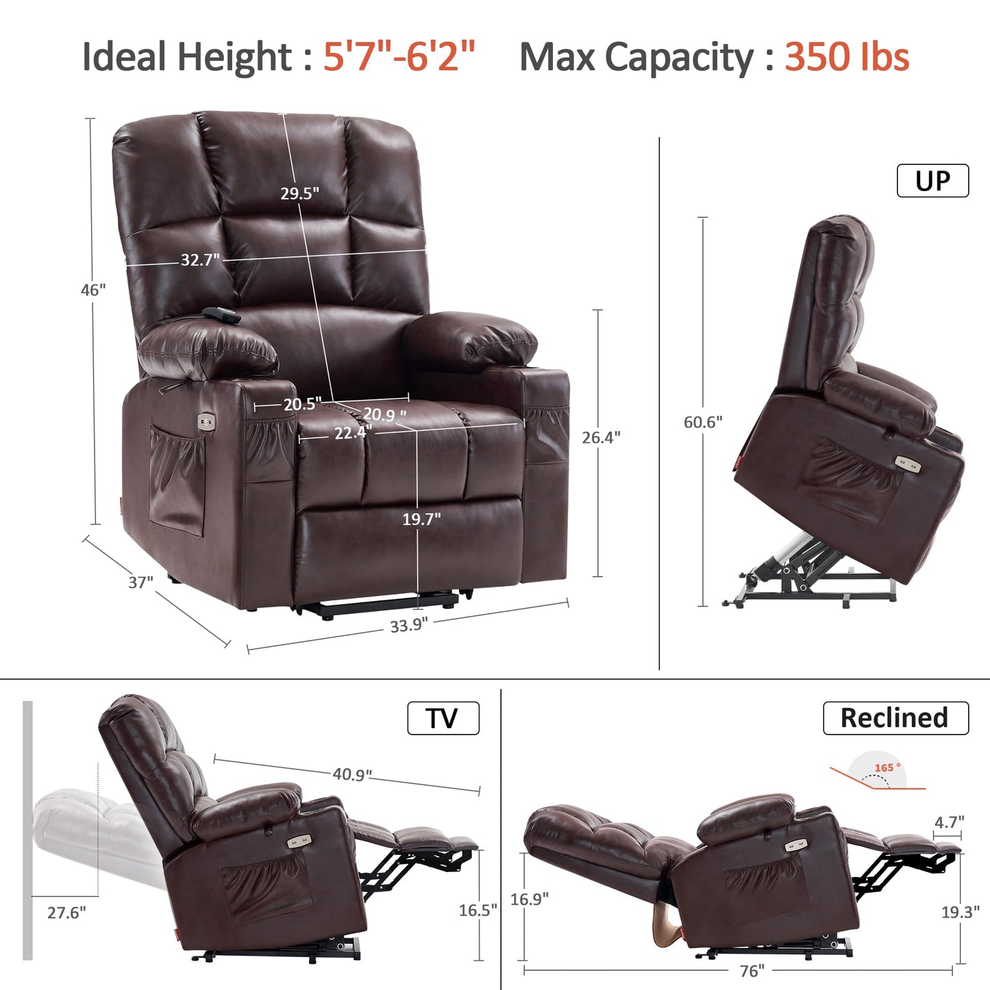 MCombo Large Dual Motor Power Lift Recliner Chair for Elderly, Massage and Heat, Lay Flat, Zero Gravity, Home Button, USB Port, Faux Leather 7680 (Dark Brown, Large)