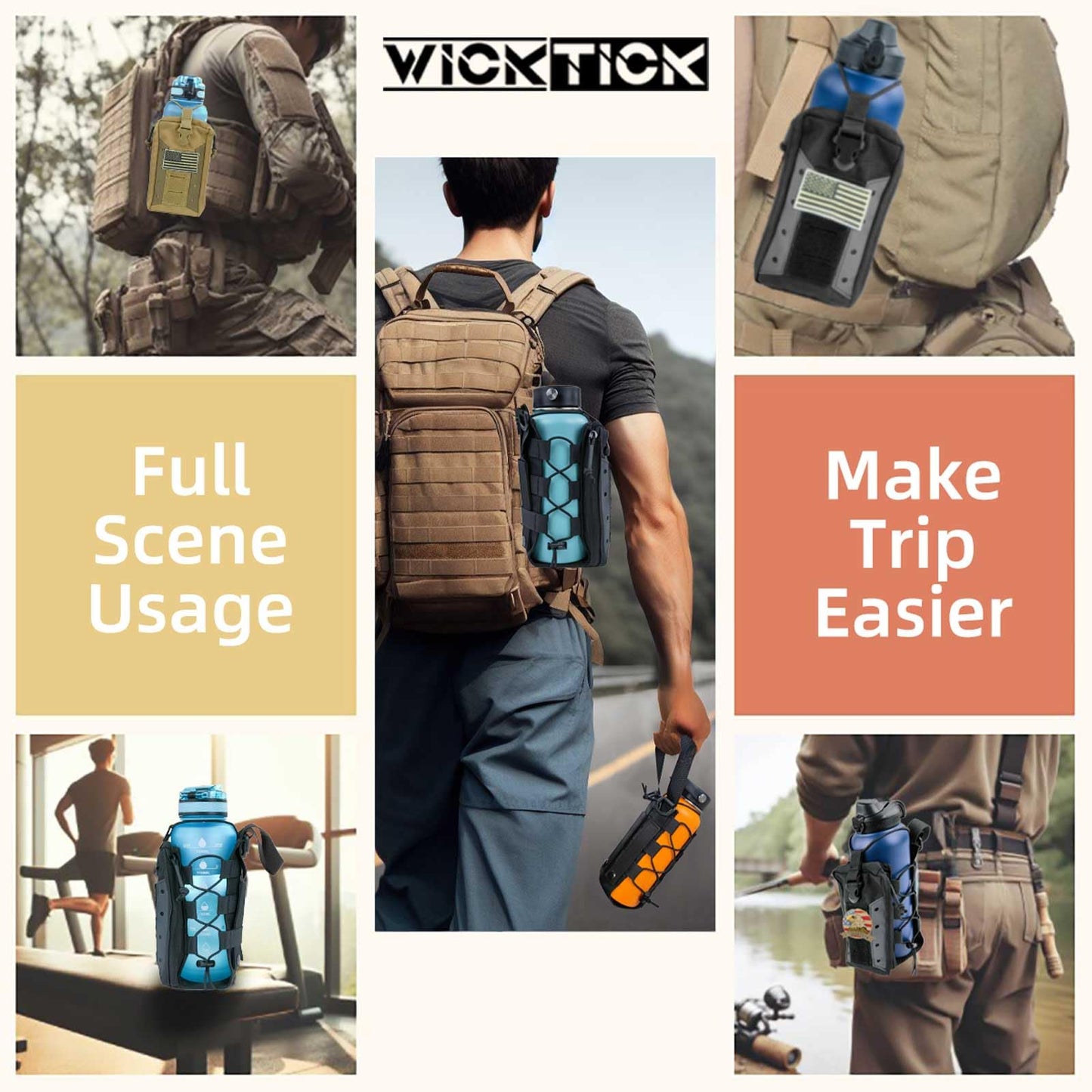 WICKTICK Molle Water Bottle Holder Pouch 16 24 32 40 64 oz - Multi-Purpose Tactical Fuel Bottle Bag, Adjustable Size for Outdoor Activities, Adapted to Backpack/Vest/Belt (Black, Enhanced)
