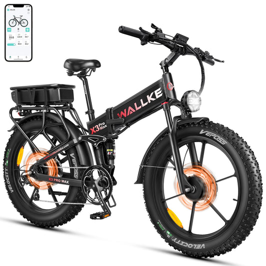W Wallke Actual 2800W Dual Motor Folding Mountain Electric Bike, 48V 44Ah Battery 170 Mile,26" Fat Tire 35MPH Fast Adult Ebike, Full Suspension Hydraulic Brake, UL2849 Certification