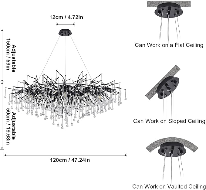 Black Chandelier for Dining Room,L47.24in Rectangular Modern Chandeliers Raindrop Light,Tree Branch Chandelier Light Fixture for Kitchen Island,Entryway 13-Light