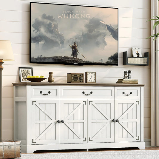 Vipbear 65" Large Sideboard Buffet Cabinet, Farmhouse Kitchen Sideboard Cabinet Buffet with Storage 3 Drawers, Coffee Wine Bar Cabinet with Storage for Living Room, Kitchen, White