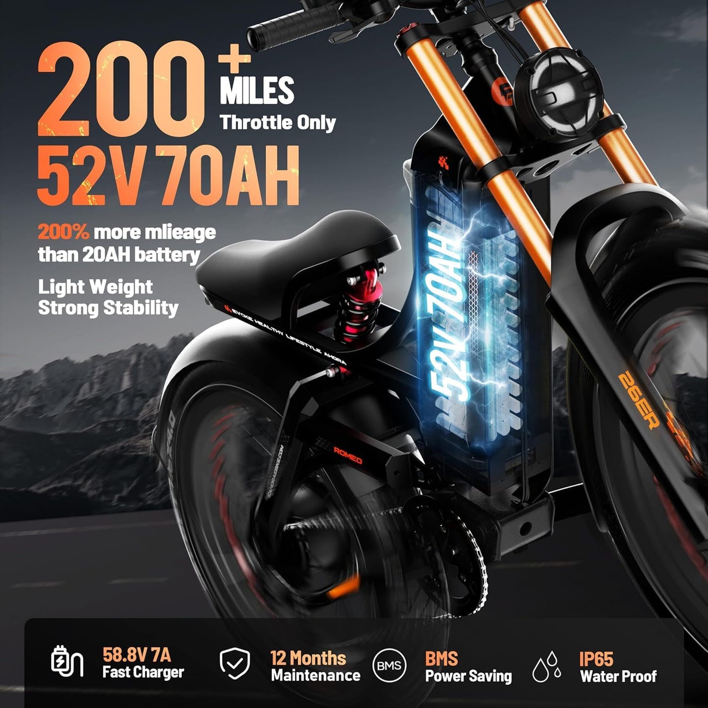 eAhora 2025 Romeo Pro 2 46Mph 4000W Dual Motor Electric Bike for Adults, 52V 70Ah 200+Miles Long Range Ebike, 26 * 4.0" Fat Tire Full Suspension Electric Mountain Bike Off-Road E-Bike UL2849 Black