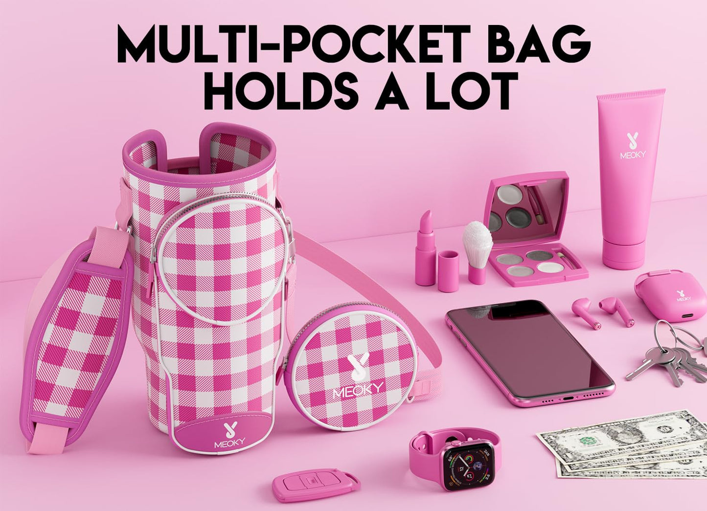 Meoky Water Bottle Carrier Bag with Phone Pocket for 40 oz Tumbler with Handle, Neoprene Water Bottle Holder Pouch with Adjustable Strap, 2 Carabiner Clips (Pink Plaid)