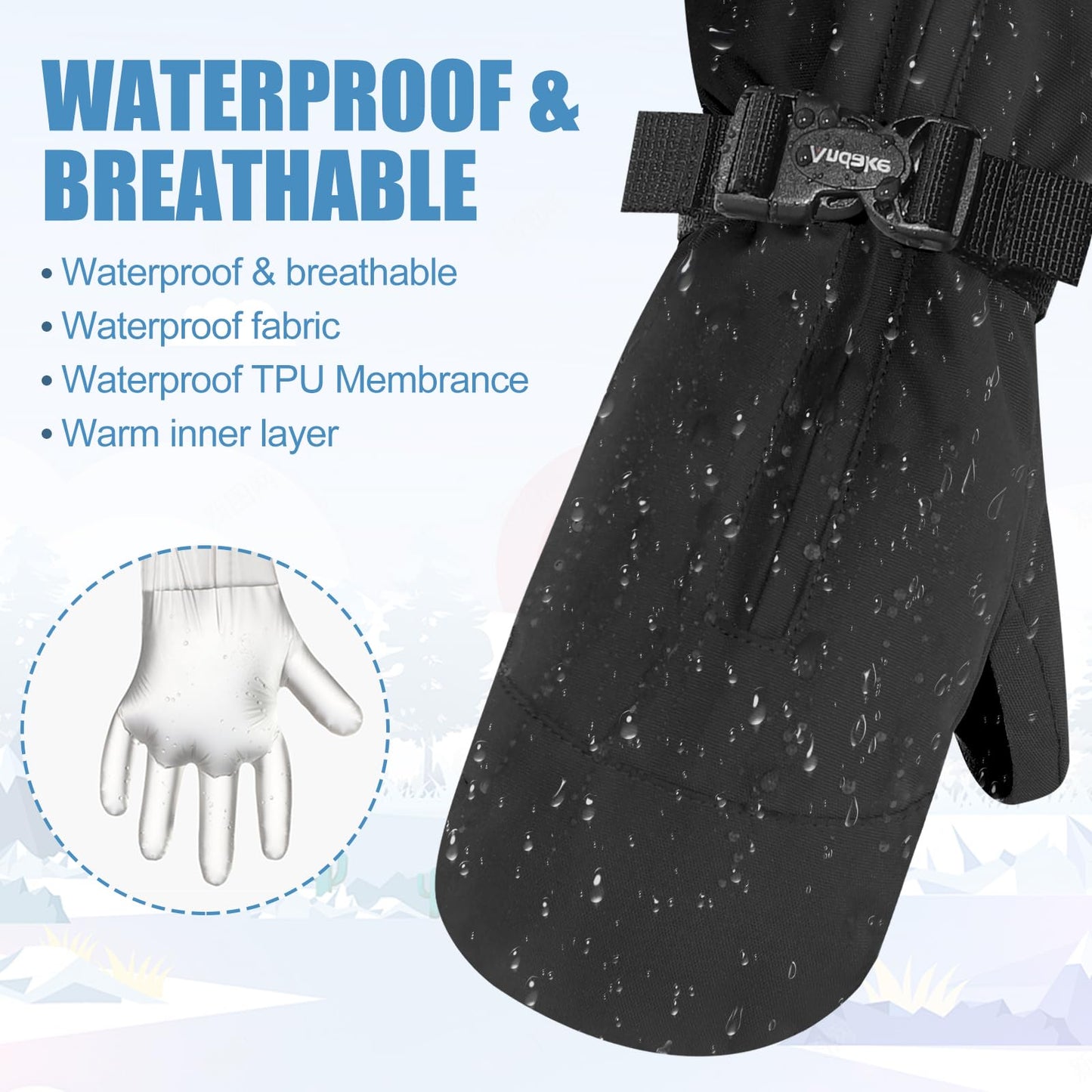 Andake Kids Ski Mittens Gloves with Long Cuff Waterproof Winter Warm Snow Gloves for Toddler Baby Girls and Boys (Black,3-6Y)