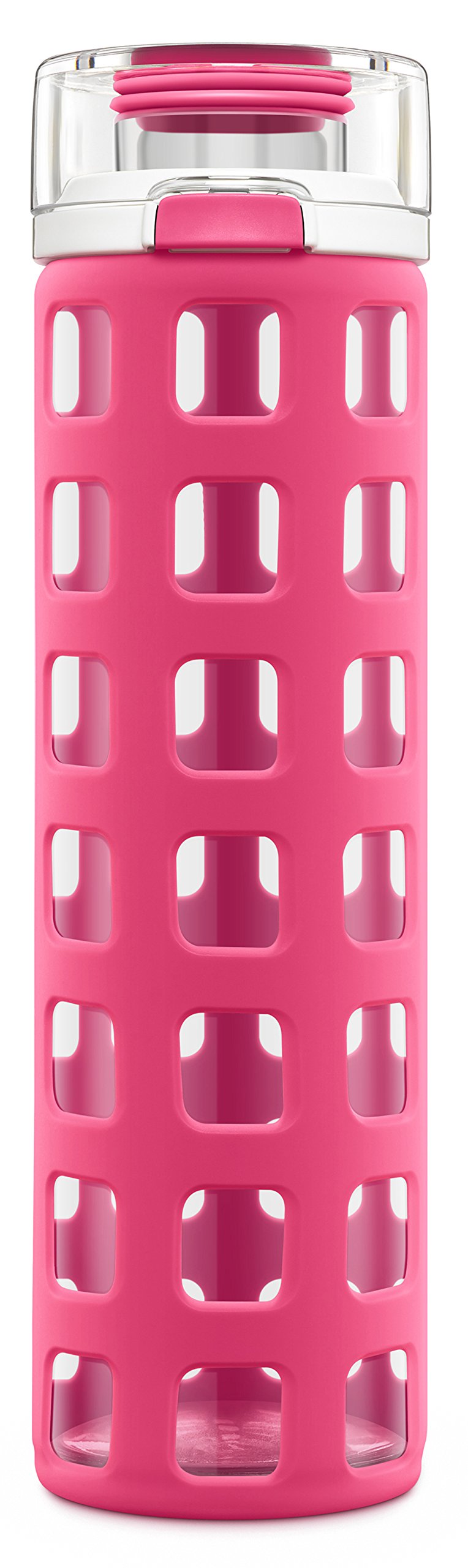 Ello Syndicate Glass Water Bottle with One-Touch Flip Lid and Protective Silicone Sleeve and Carry Loop, BPA Free, Dishwasher Safe, Pink, 20oz