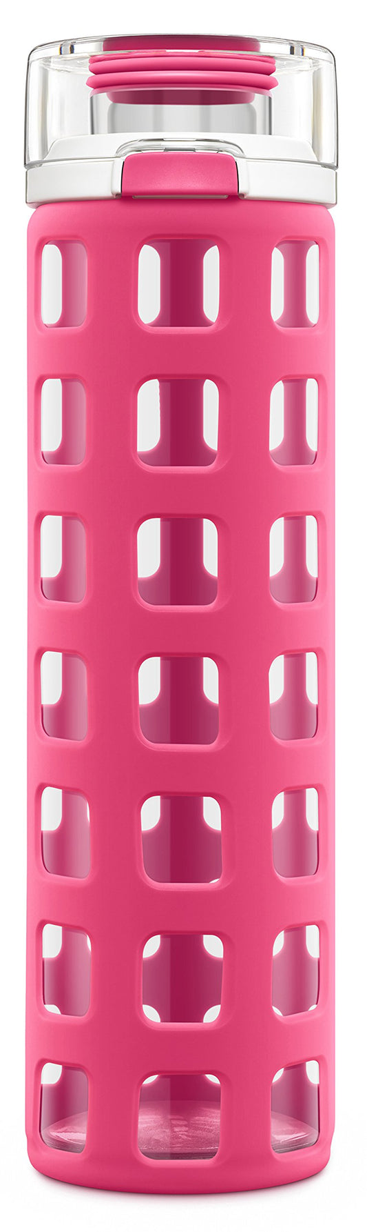 Ello Syndicate Glass Water Bottle with One-Touch Flip Lid and Protective Silicone Sleeve and Carry Loop, BPA Free, Dishwasher Safe, Pink, 20oz