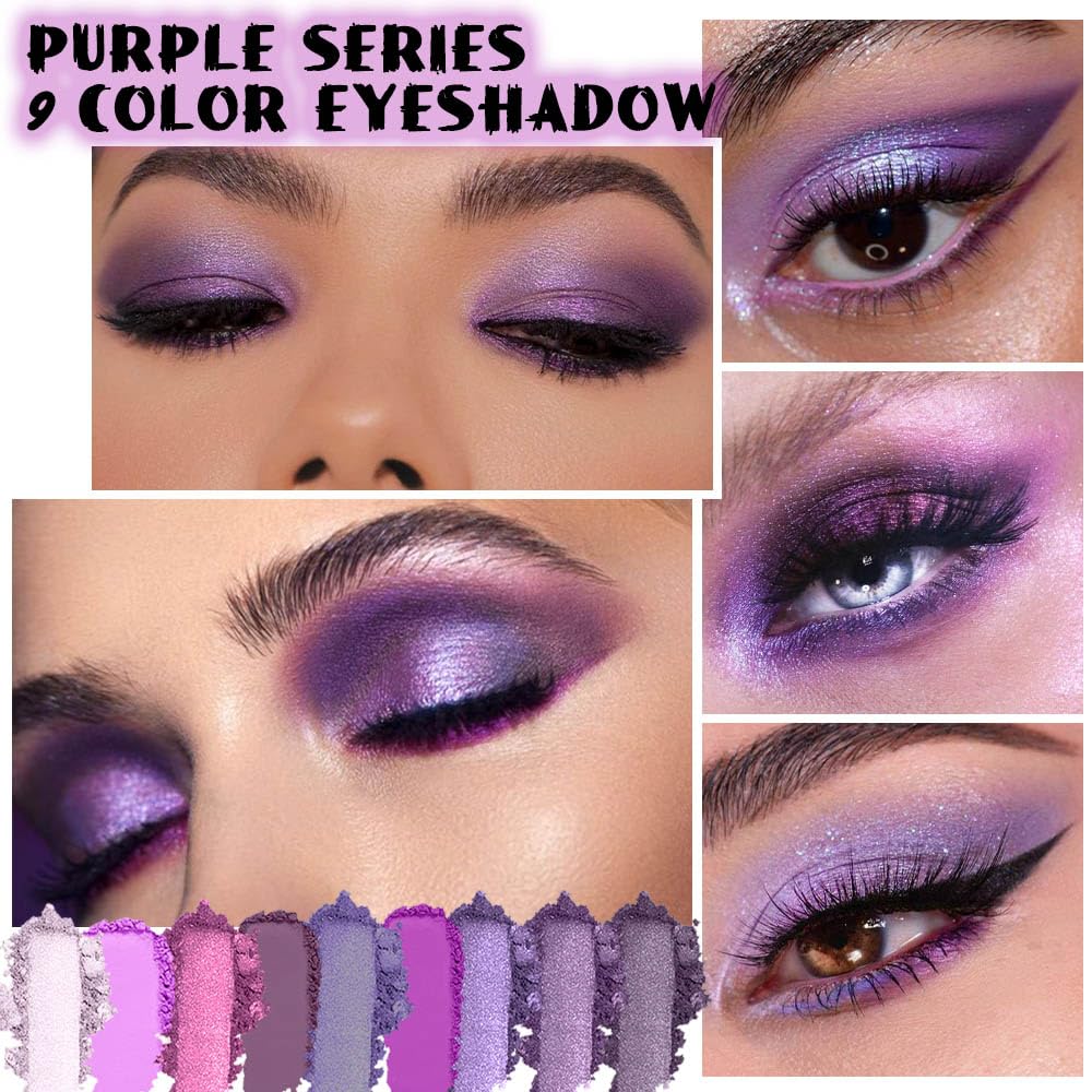 AMY'S DIARY Deep Light Purple Matte Shimmer Eye Shadow Palette Makeup,Eyeshadow Long Lasting Waterproof Cruelty-Free, 9 Blendable Shades in Smooth with Gorgeous Pearls for Girls (Purple palette)