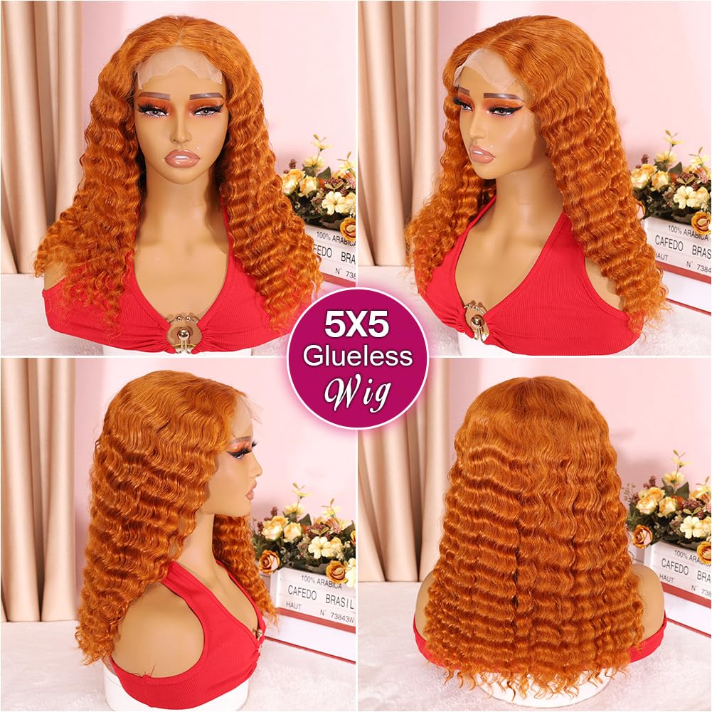 Ailwelia Ginger Wear And Go Glueless Wig 5x5 Curly Deep Wave Human Hair HD Lace Closure Wig for Black Women Pre Plucked 26 Inch