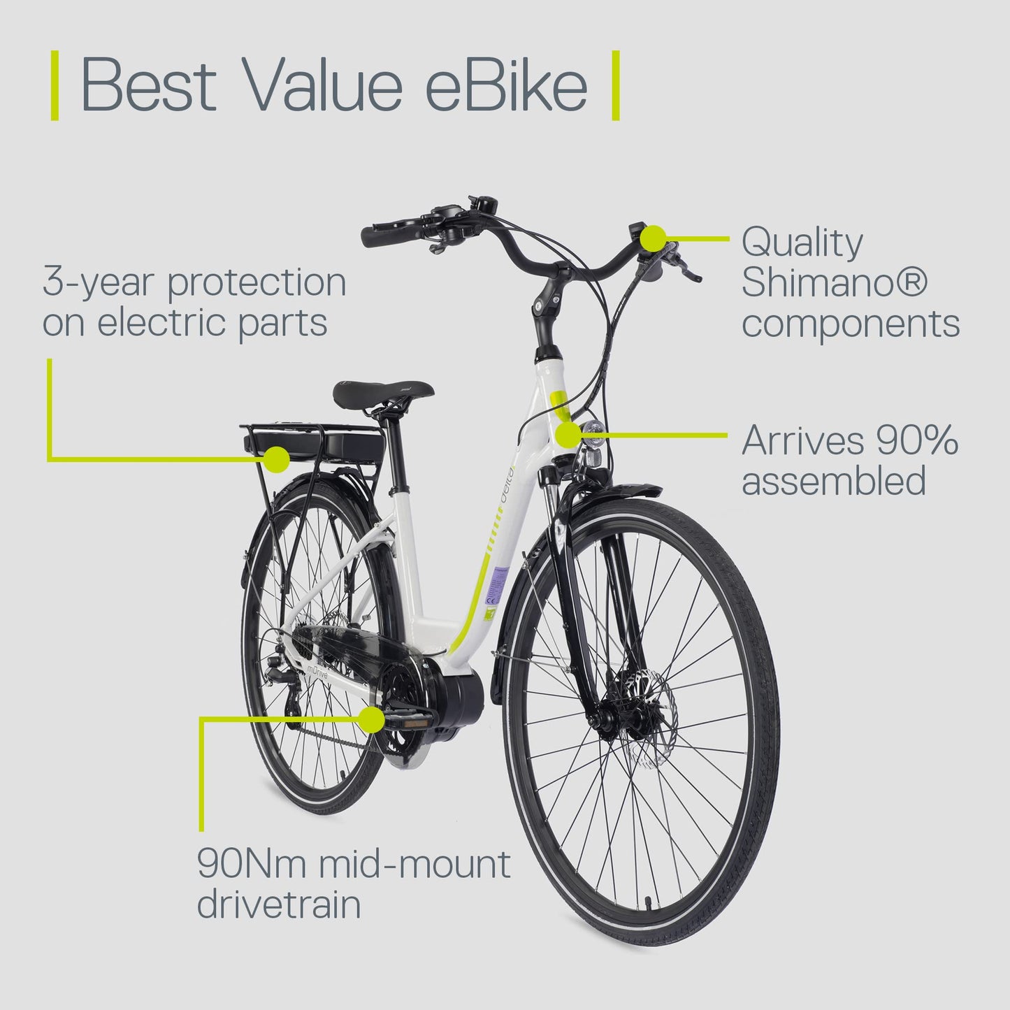 Electric Bike, Delta Cycle mDrive Ebike - 396Wh Lithium-Ion Battery, 55 Miles On Single Charge - 7 Speed Shimano Gear System, Front & Rear Disc Brakes - Safety Lights, Storage Rack & Kickstand