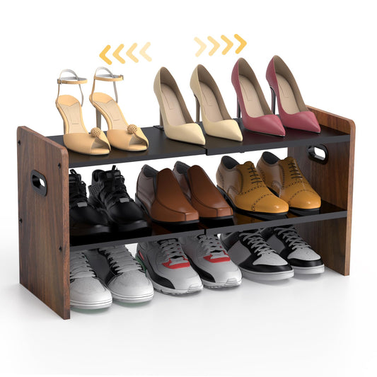 Nicetree Brown Shoe Rack Organizer for Closet, 2-Tier Expandable Metal Wood Shoe Shelf with Adjustable Length and Portable Handle for Garage, Hallway, Entryway
