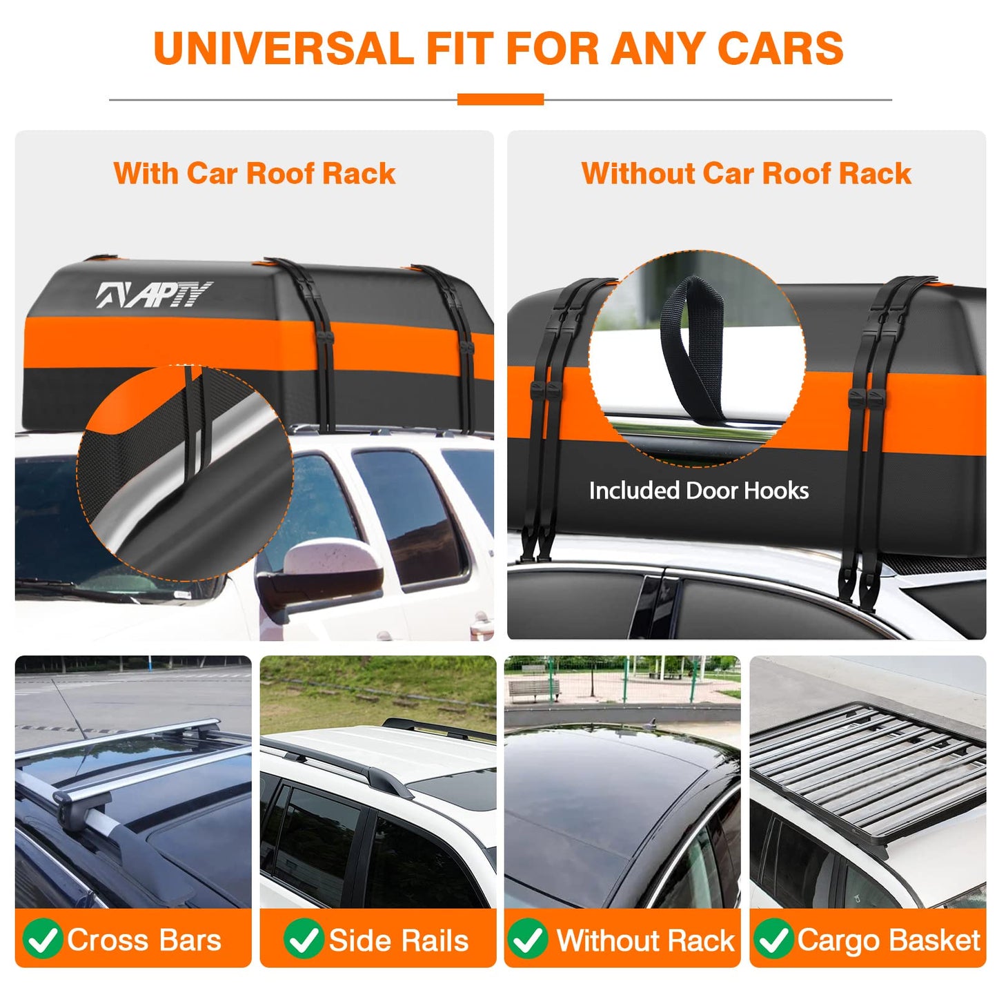 APTY Car Rooftop Cargo Bag Carrier, 16 Cubic Feet Soft Roof Top Luggage Bag for All Vechicles with/Without Racks - with Waterproof Zip, Luggage Lock, Anti-Slip Mat, Door Hooks, Storage Bag
