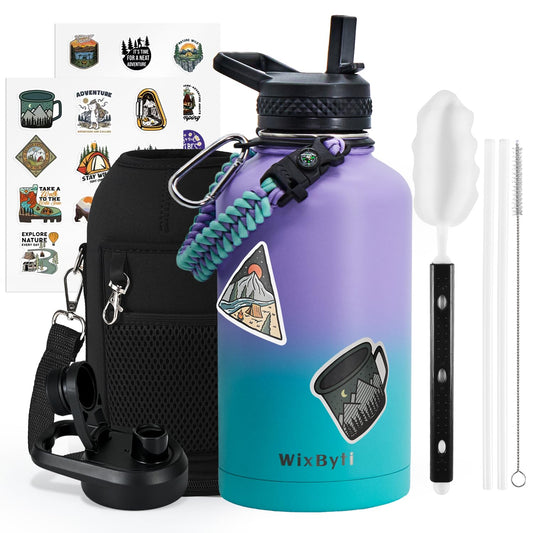 WixByti 64 oz Insulated Water Bottle with Straw (Cold for 48 Hrs), Half Gallon Stainless Steel Triple Wall Vacuum Sports Water Jug, Leakproof Hydro Cup Flask with Straw Spout Lids & DIY Stickers