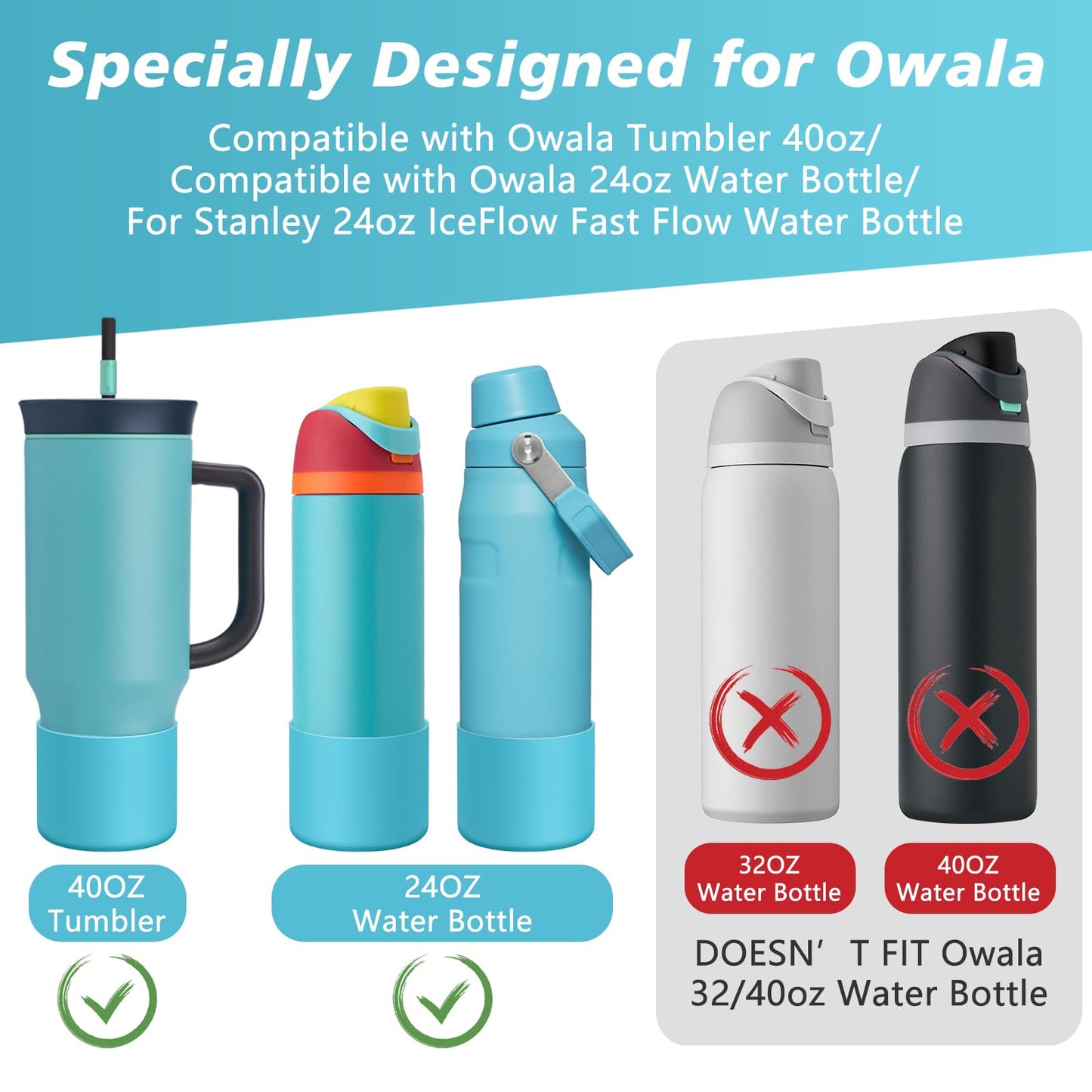 UBEEKOO Tall Silicone Boot for Owala Tumbler 40oz, for Owala FreeSip 24oz, Sleeve Cover for Stanley 24oz IceFlow Fast Flow Water Bottle, Anti-Slip Bottom Protective for Owala Accessories,SkyBlue