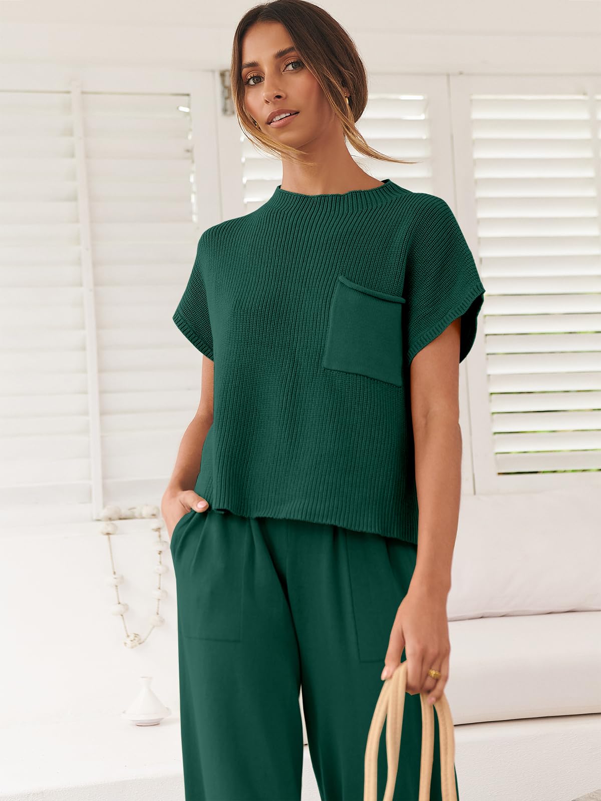 ANRABESS Women's Two Piece Outfits Knit Sweater Pullover Crop Top & Pants Lounge Matching Tracksuit Sweatsuit Sets 2024 Trendy Loungewear Clothes Dark Green X-Small