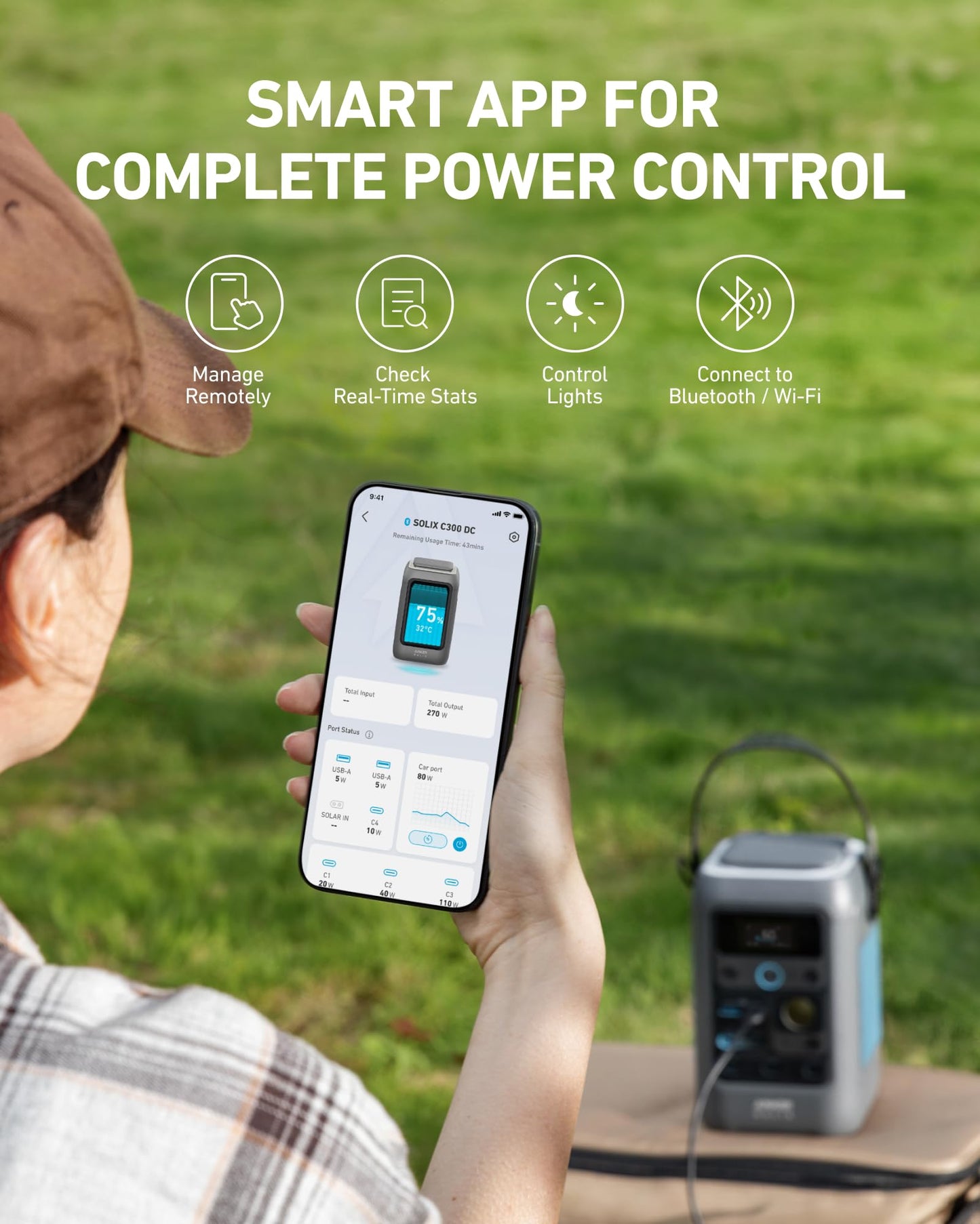 Anker SOLIX C300 DC Power Bank Station, Outdoor 288Wh Portable Power Station, LiFePO4 Battery, 300W Solar Generator, for Camping, Traveling, and Emergencies (No Wall Charger Included)