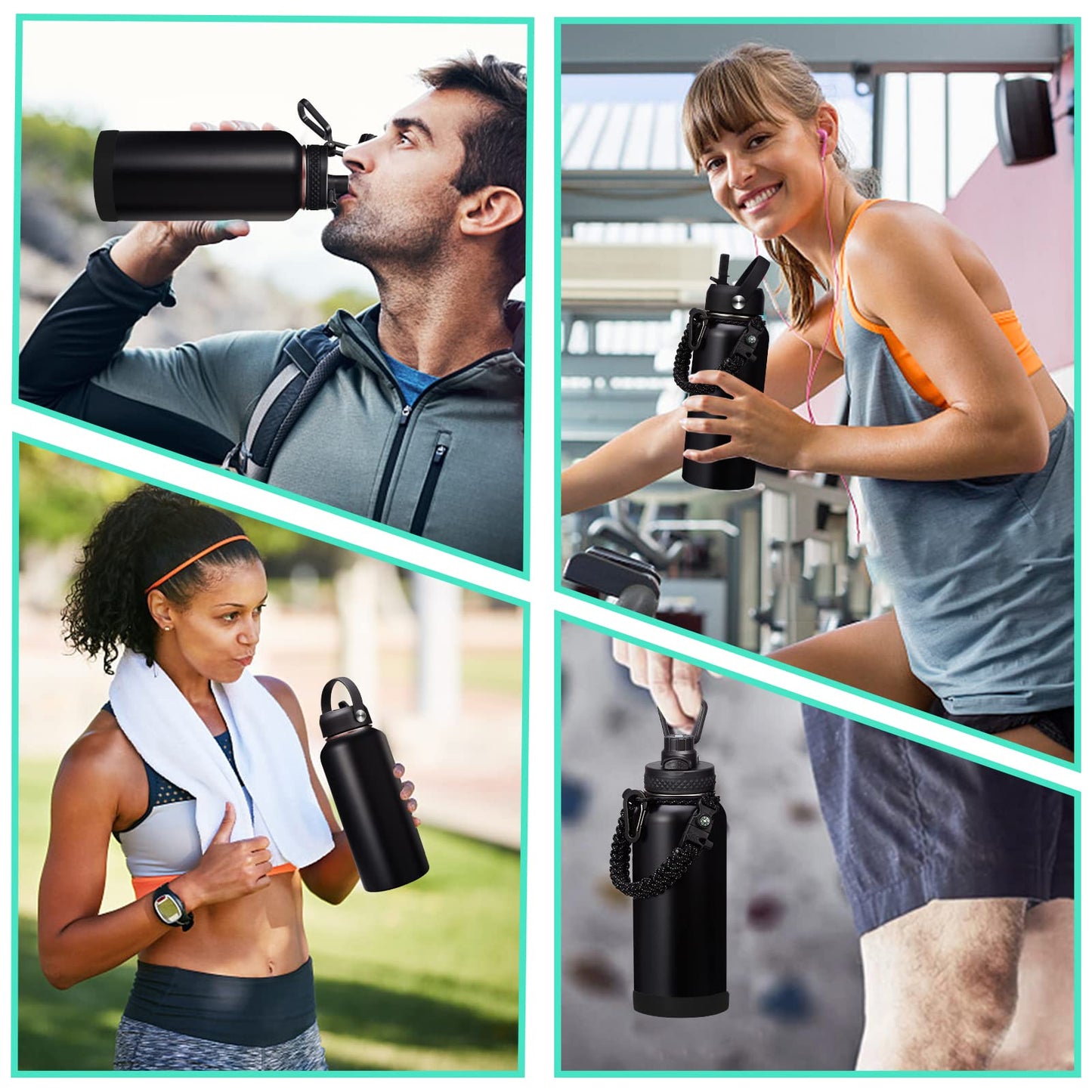 32-40-64OZ Stainless Steel Water Bottle - Black Water Bottle with Straw & Spout Lid, Paracord Handle & Bottle Sleeve, Insulated Vacuum Water Flask Double-Wall Metal Thermo Cup Canteen for Gym School