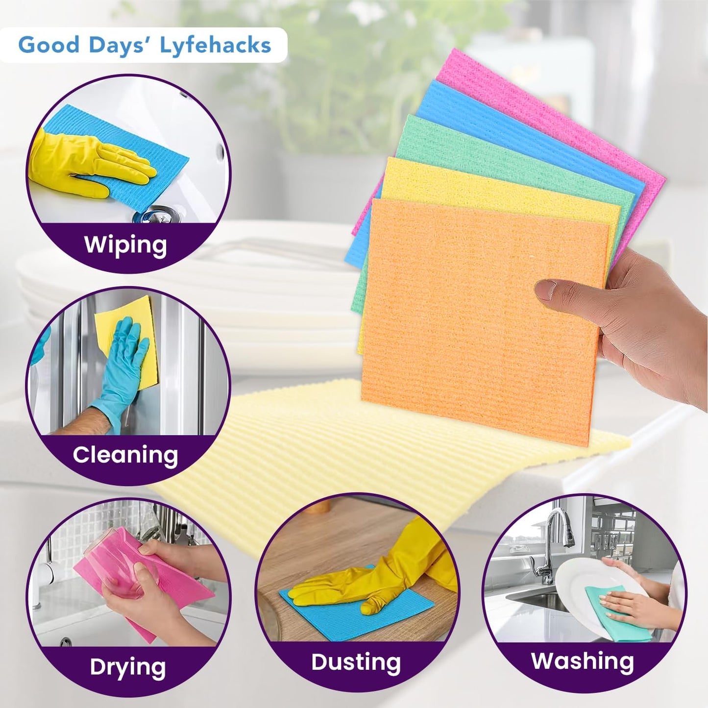 Good Days' Lyfehacks Swedish Dishcloths Pack of 10 – Biodegradable Cleaning Sponge Cloth – Highly Absorbent, Long-Lasting & Reusable Dishcloths for Kitchen – Sustainable & Hygienic for All Surfaces