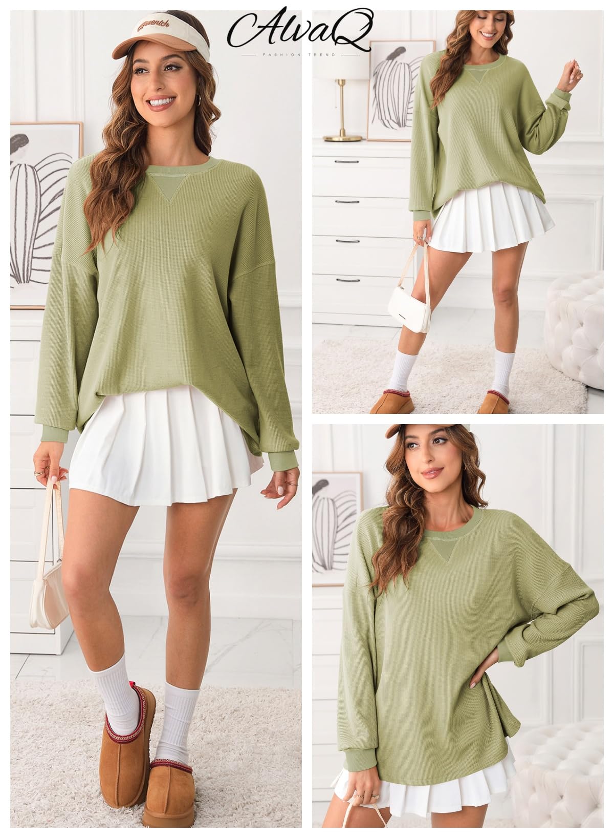 AlvaQ Sweatshirts for Women 2024 Casual Waffle Knit Tops Shirts Long Sleeve Drop Shoulder Oversized Sweatshirts Fall Fashion Outfits Green Large