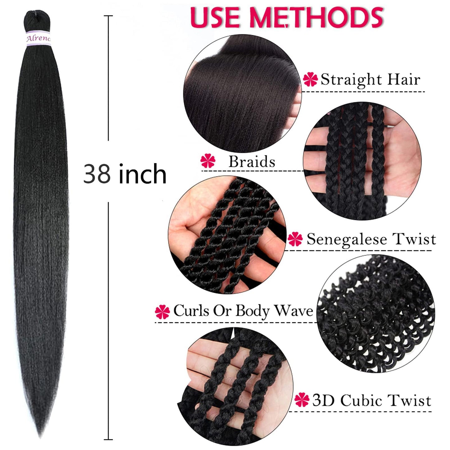 Alrence Pre Stretched Braiding Hair Long Braid 38 Inch 8 Packs Professional Braiding Hair Extensions Synthetic Crochet Twist Braids (38 Inch, 1B#)