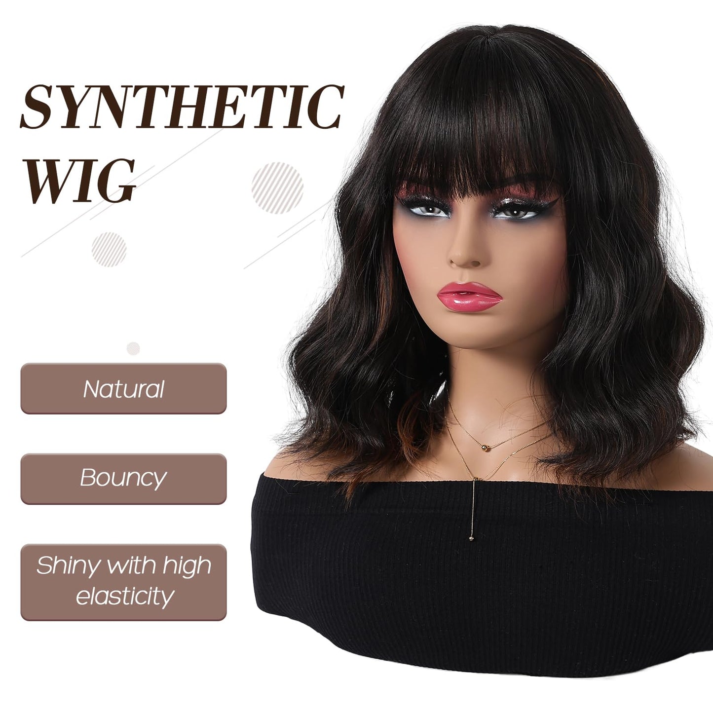 Allbell Black mixed Auburn Wigs for Women Short Wavy Bob Wig with Bangs for Women Synthetic Short Curly Wave Wigs Heat Resistant Fiber Hair Wigs for Daily